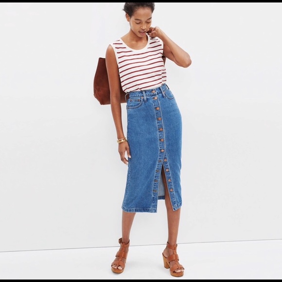 button front midi denim skirt